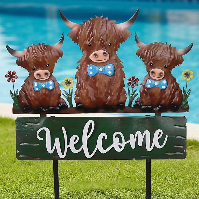 43.3inch Highland Cow Yard Stakes for Decorations Outdoor, Vintage Farmhouse Decorative Garden Stakes Large Metal Yard Art with Welcome Sign