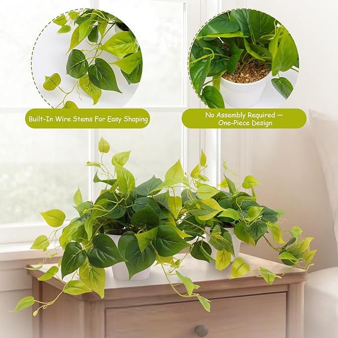 alyptus Fake Pothos Hanging Plants – 33" Set of 2 Faux Ivy Vines Realistic Silk Devil’s Ivy for Indoor Décor, Low Maintenance Artificial Greenery for Home Bathroom or Office - Green with White Pots