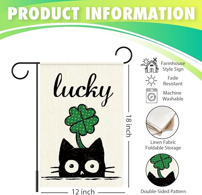 St Patricks Day Garden Flag 12x18 Inch Double Sided,Lucky Shamrocks Cat Outdoor Irish Decor House Porch Flag for St Patrick's Day Party and Yard Decorations