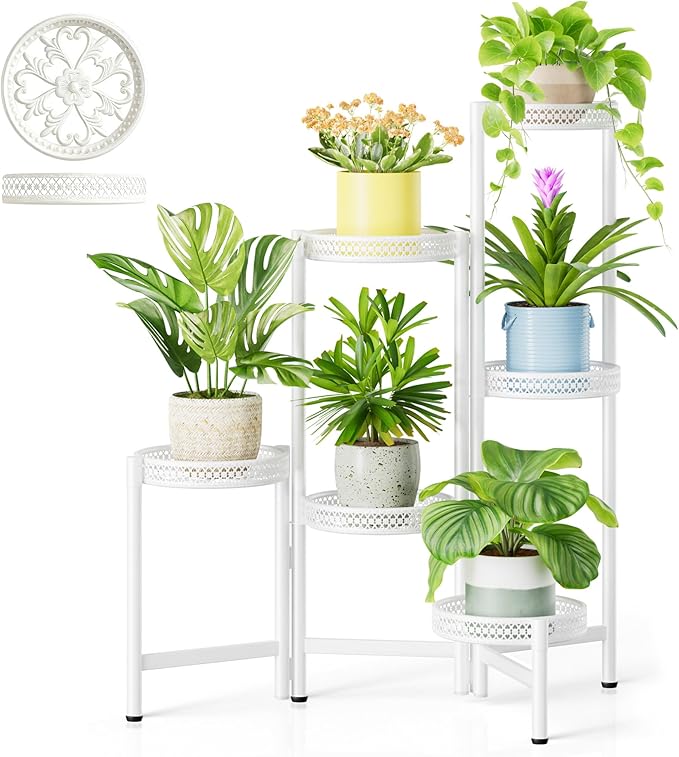 NQW 6 Tier Metal Plant Stand, 6 Potted Multiple Flower Pot Holder Shelf, Indoor&Outdoor Folding Planter Display Shelves for Patio Garden, Living Room, Corner Balcony, Bedroom - WhiteWave