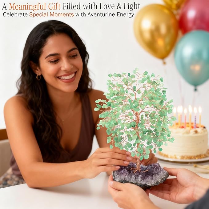 MASGEMES Crystal Tree of Life,Natural Green Aventurine (406 Beads Count) Amethyst Cluster Base, Positive Energy Feng Shui Gem Bonsai Money Tree Good Luck,Gift Size 8.5-9 Inches