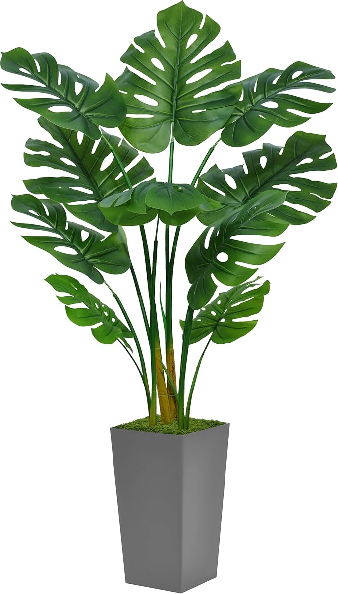 ASTIDY Artificial Monstera Deliciosa Plant 5FT - Faux Tropical Palm Tree with Gray Tall Planter - Fake Swiss Cheese Floor Plant Potted - Artificial Tree for Home Office Living Room Decor Indoor