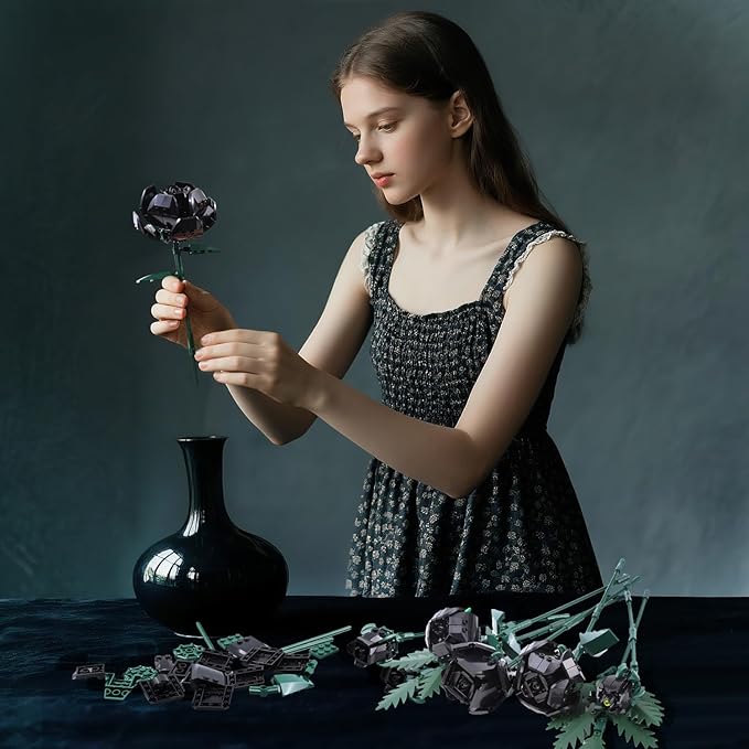 SIENON Black Rose Bouquet Building Set-10pcs Black Roses & 2pcs Leaves Botanical Collection, Artificial Flowers for Gothic Home Halloween Décor Women Gothy Teens (No Vase)