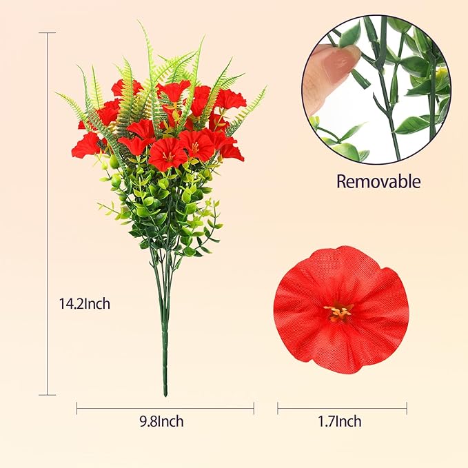 HIAGROW Artificial Flowers Outdoors 12 Bundles Artificial Petunias Fake Flowers UV Resistant Shrubs Plants with Fern for Indoor Outside Hanging Planters Home Garden Summer Decorations (Red)