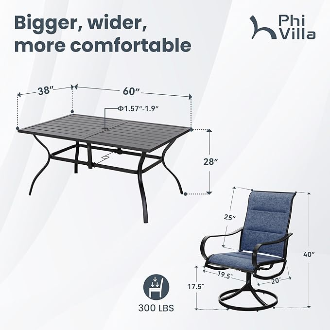 PHI VILLA Patio Dining Set for 6, Swivel Dining Chairs with Padded Textilene and Large Metal Table (1.57'' Umbrella Hole), All Weather Table and Chairs for Outdoor Lawn (Blue)