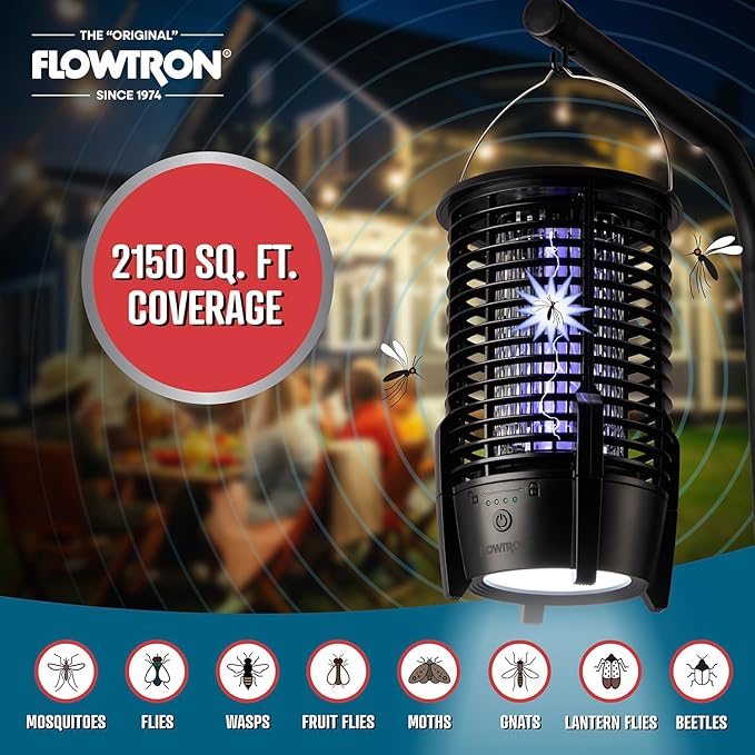 Flowtron Rechargeable Bug Zapper Lamp | 2-in-1 3600mAh Battery Powered LED Light & Insect Killer with USB-C Charging | 2150 Sq Ft Indoor Outdoor Coverage Mosquito Trap for Patio, Camping, Yard, Home