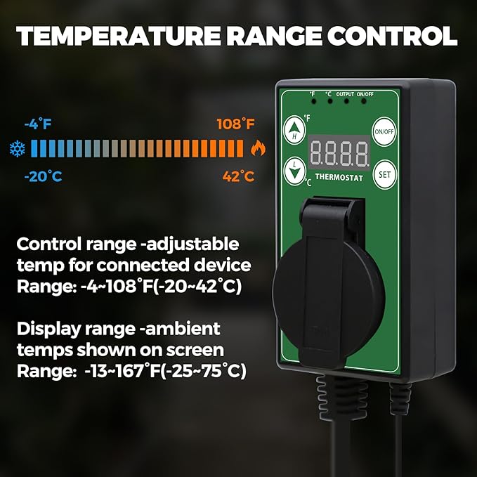 EAGLE PEAK Digital Heat Mat Thermostat Controller -4 to 108 °F for Heat Mat, Greenhouse, Heater Fan, Seedling, Germination, Fermentation and Reptiles, 15A/1500W, 1 Pack