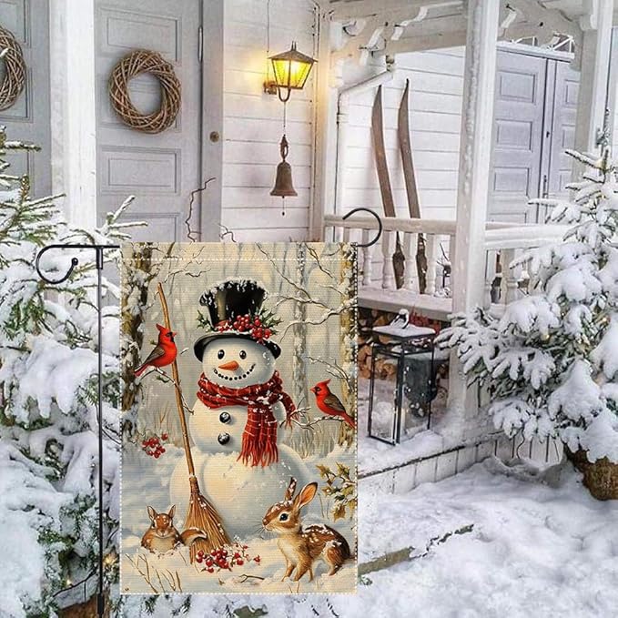 Snowman Garden Flag 12x18 Inch Double Sided Burlap Winter Cardinal Animal Scene Holiday Christmas Yard Flag Small Seasonal Outdoor Welcome Banner for House Porch Lawn Decor