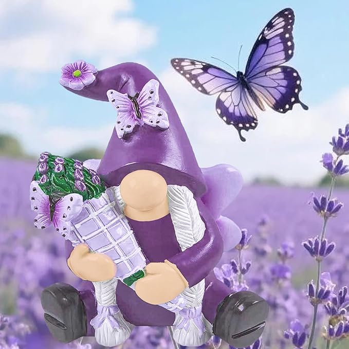 Lavender Gnomes Figurines Decor, Resin Garden Gnome Decorations for Home Indoor Outdoor Purple Spring Fall Decoration Farmhouse Butterfly Figurine for Thankgiving Day