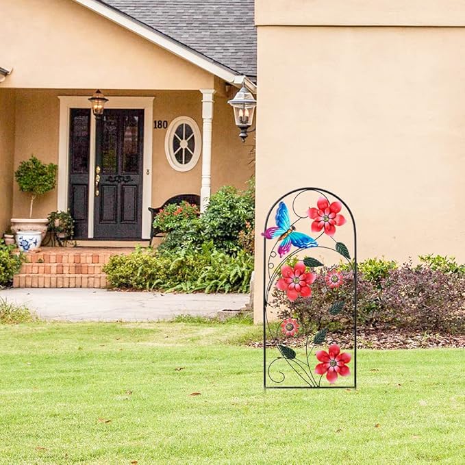 YEAHOME 34inch Decorative Garden Stakes, Outdoor Garden Decor Metal Flower Butterflies Spring Gardening Decor Art Yard Signs, Outdoor Decorations for Patio Outside Yard Lawn