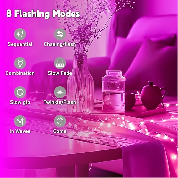 HXWEIYE Rechargeable Fairy Lights Battery Operated, DIY Timer & 8 Modes, 2 Pack 16FT 50LED Twinkle String Lights Indoor, Led mini Lights for Bedroom Wedding Dorm Christmas Tree Decor (Pink)