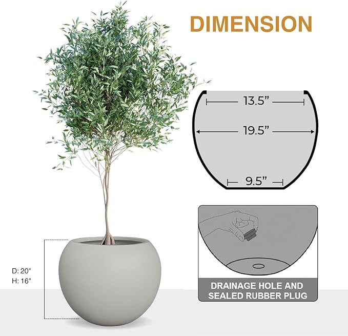 KUTE NEST 16"H x 20"D Globo Fiberstone Round Planter with Drainage Hole, Smooth Finishes, Weather Resistant for Indoor and Outdoor Use, Included 2 Extra Coco Mats (Light French Gray, 13.5 Pot Opening)