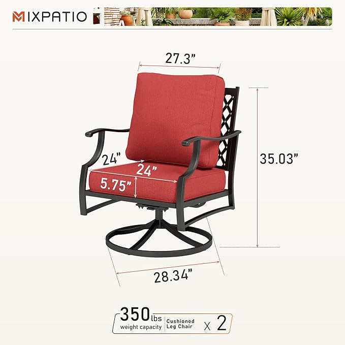 Swivel Patio Chairs Set of 2, High Back Outdoor Swivel Patio Metal Chairs with 5.75" Thick Cushions for Bistro Balcony Porch Deck and Yard, Red