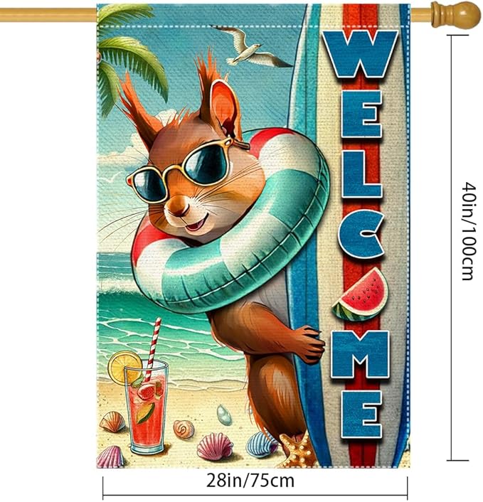 Welcome Garden Flag Double Side Burlap beach Surfboards Squirrel Summer Garden Flags Home Outdoor Yard Lawn Coastal Decorations(RMQ-479D, 28"X40")