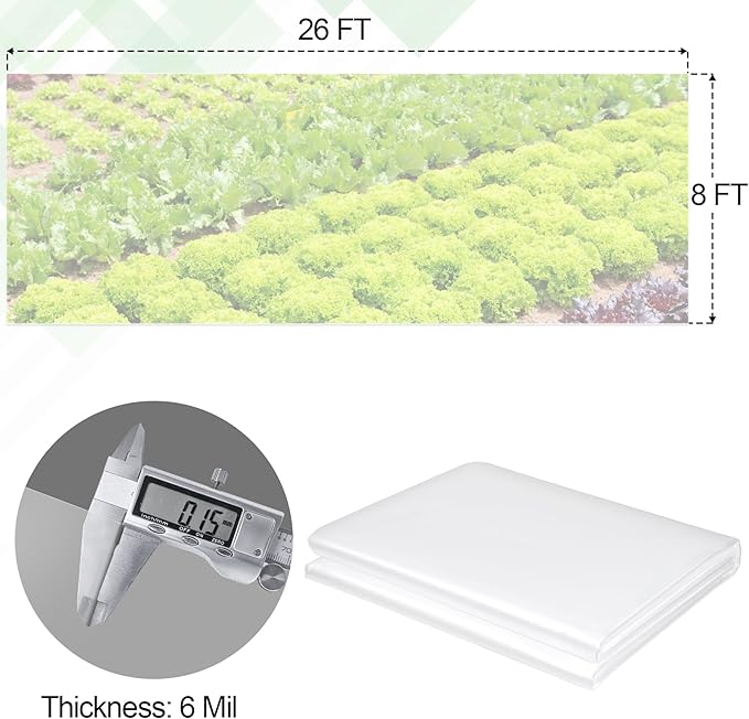 8 x 26 FT Clear Greenhouse Plastic Sheeting, 6 Mil Polyethylene Film Heavy Duty, Water Sun Frost Wind Dust Resistant Winter Hoop House Toughness Plastic Cover for Farming, Gardening, Agriculture, DIY
