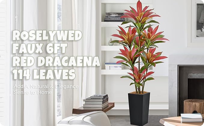 Roselywed Artificial Red Dracaena Tree 6FT with 114 Leaves & 7 Heads & Black Tall Planter Cover with Coconut Fiber Tall Faux Tropical Silk Bicolor Plant 72 Inch for Indoor Home Office Porch Mall Decor