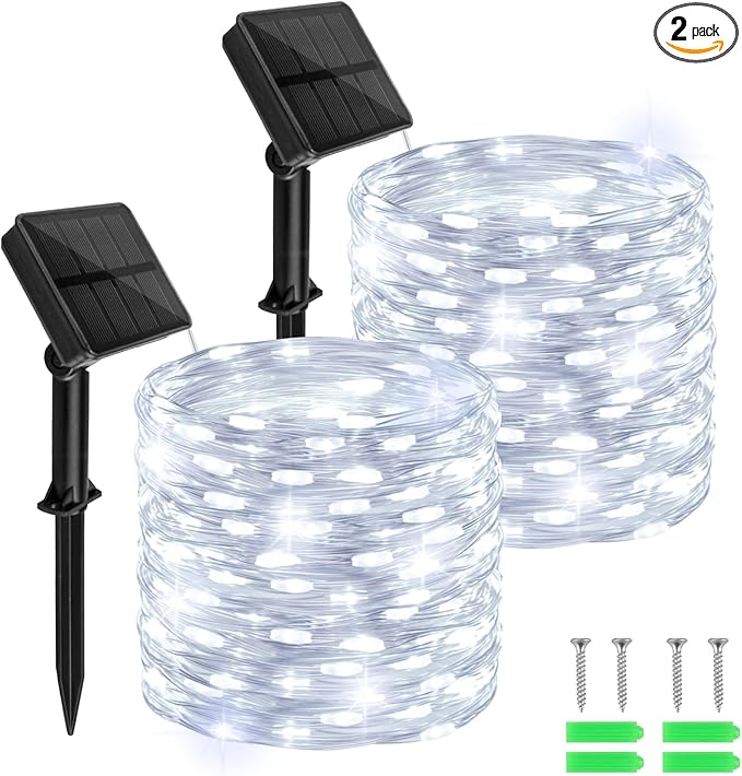 Solar Fairy Lights Outdoor Waterproof,39.4ft 120LED Solar String Lights for Outside 8 Modes 2 Packs for Patio Backyard Garden Wedding Deorations Cool White