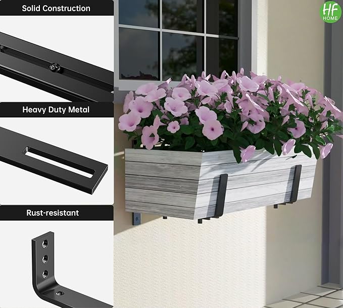 HFHOME 2 PCS Adjustable Planter Box Brackets (6 to 12.5 in), Universal Window Box Brackets, Heavy Duty Metal Flower Box Wall Mounting Hooks for Balcony, Fences, Patio, and Garden - Black