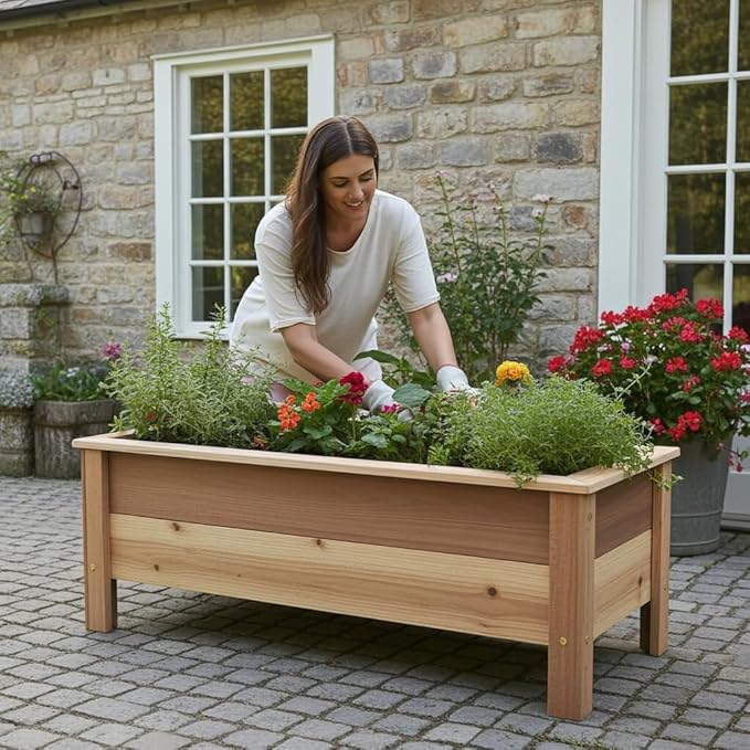 Cedar Raised Garden Bed Planter Box with Legs – Heavy Duty Outdoor Wooden Planter for Vegetables & Flowers, No Bending Elevated Design, Custom Size, Handmade in USA (46in x 15.5in x 16in)