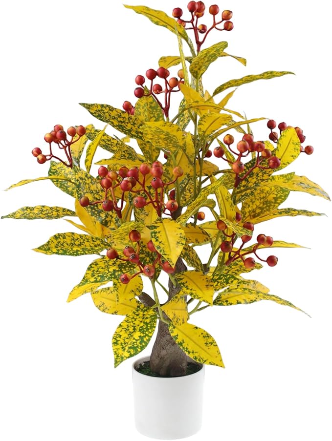 24" Artificial Greenery Tree with Pot, Indoor Fake Green Plant Small Faux Berry Branches Green Potted Tree Stems for Tabletop Kitchen Livingroom Bedroom Bathroom Home Office Decor (Orange-red Berry)