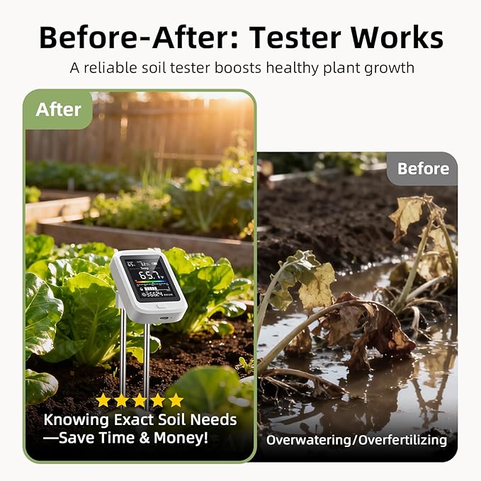 TERRU 6-in-1 Soil Moisture Meter with pH, Nutrient, Sunlight, Temperature & Humidity | Multi-Function Tester for Garden, Lawn and Indoor Plants | Factory-Permanent Calibration