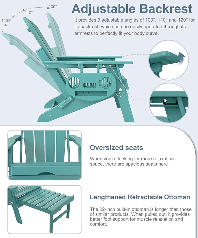 Adjustable Adirondack Chair with Retractable Ottoman Set of 2, HDPE Folding Adirondack Chair with Cup Holder, All Weather Fire Pit Chair for Outdoor.