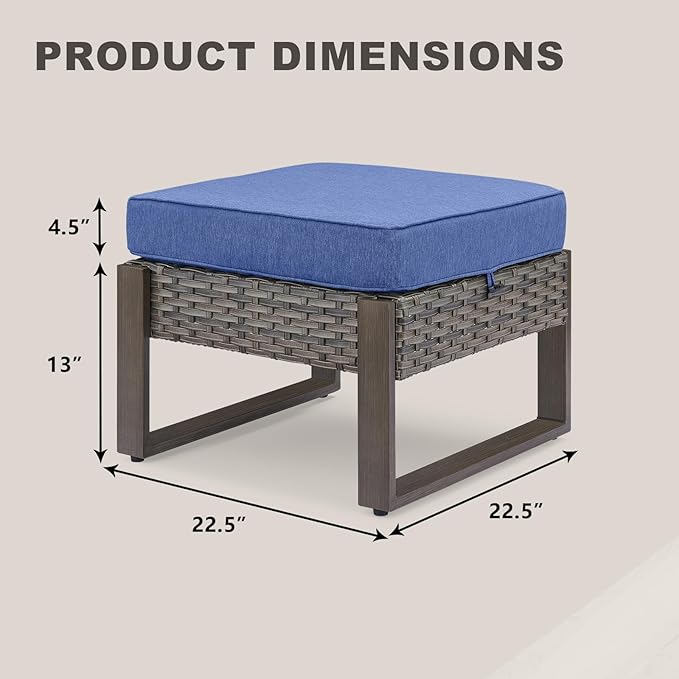 Rilyson Outdoor Ottoman Wicker Patio Footrest - 2 Piece Wicker Footrest Footstools Set with Sturdy Frame,All-Weather PE Wicker, Thick Cushions for Deck Porch Garden(Mixed Grey/Blue)