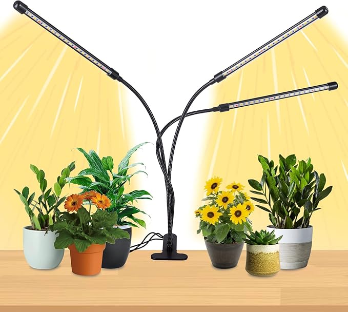 JINHONGTO 3Head Clip Grow Lights for Indoor Plants, Small Pot Plant Grow Light with 3,9,12 Hr Timer, Full Spectrum Bonsai Grow Light, Bright Plant Growing Lamps