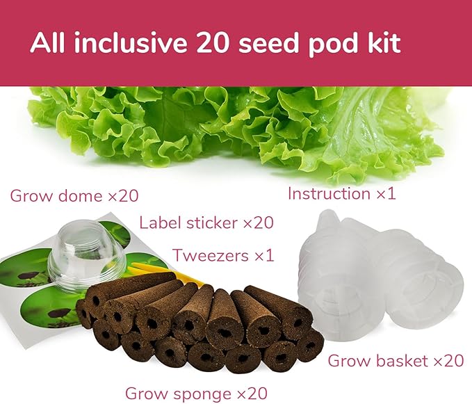20-pod Seed Kit (Lettuce Salad Green) for AeroGarden, Mufga, iDOO and Other Indoor Hydroponic Gardens - 20 Grow Sponges, Baskets, Domes, Labels