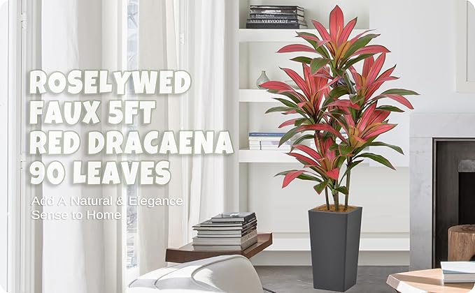 Roselywed Artificial Red Dracaena Tree 5FT with 90 Leaves & 6 Heads & Gray Tall Planter Cover with Coconut Fiber Tall Faux Tropical Silk Bicolor Plant 60 Inch for Indoor Home Office Porch Mall Decor