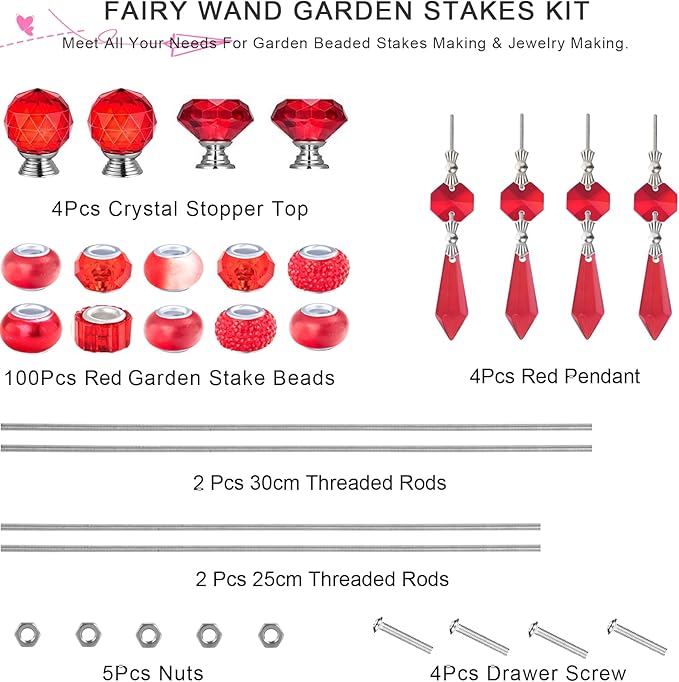 121 Pcs DIY Fairy Wand Beaded Garden Stakes Kit, Fairy Wands Garden Kit Red Large Hole Bead with Sparkling Pendants Crystal Stopper Top Threaded Rod Beaded Garden Stakes Supplies Outdoor Decorative