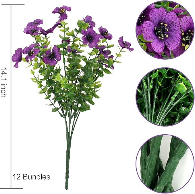 UV Resistant Artificial Outdoor Flowers, 12 Bundles Fake Outdoor Silk Flowers Fade Resistant Faux Flowers Plants for Outside Planters, Window Box, Porch Decor-Purple