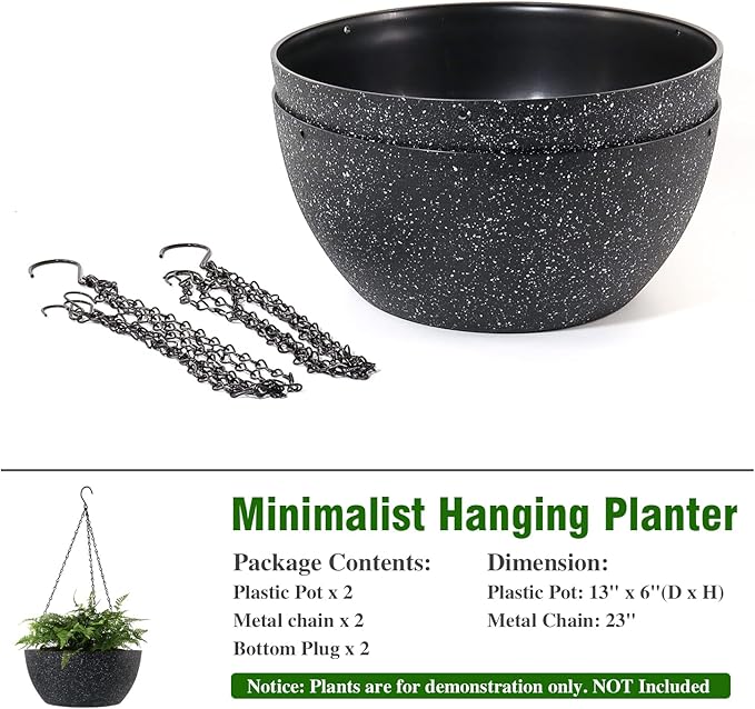 WSMKSZ 13 inch Large Hanging Planters Plant Pots for Outdoor Indoor Plants with Drainage Holes and Chain, 2 Pack Round Hanging Flower Pots for Garden Home Porch Decor, Speckled Black