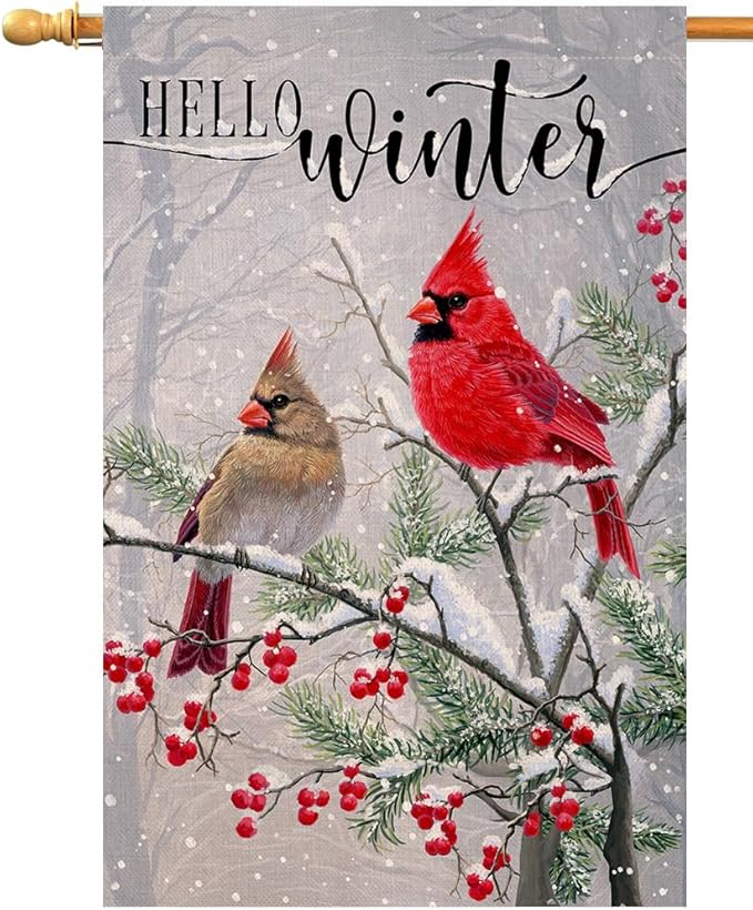 Winter Cardinal Bird House Flag 28 x 40 Vertical Double Sided Farmhouse Trees Snow Christmas Holiday Outside Decorations Burlap Yard Flag BW233-40