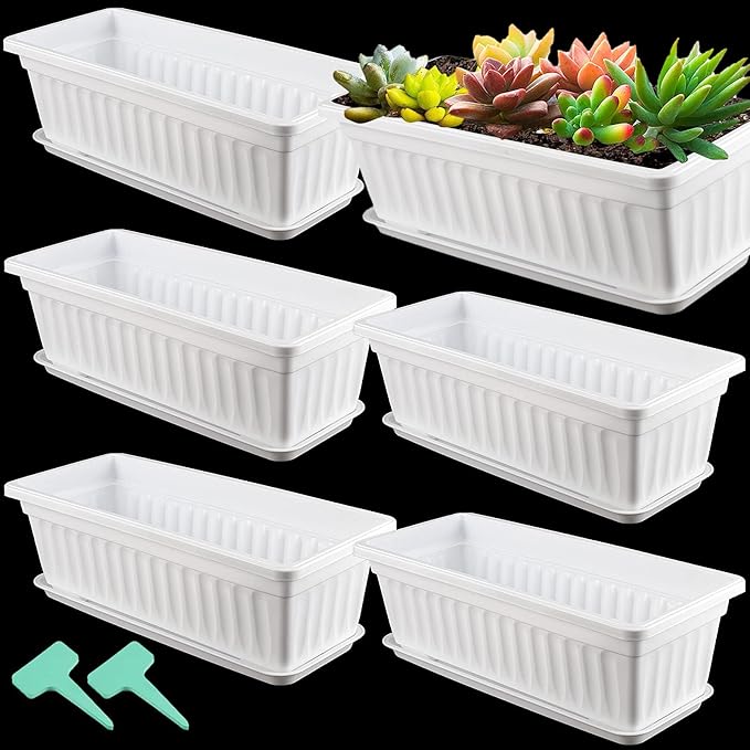 HAKZEON 6 Pack 17 Inches Plastic Flower Box Planters with Trays, Countryside Flower Window Boxes with 30 Plant Labels, White Rectangular Vegetable Planters for Windowsill, Porch, Balcony, Garden
