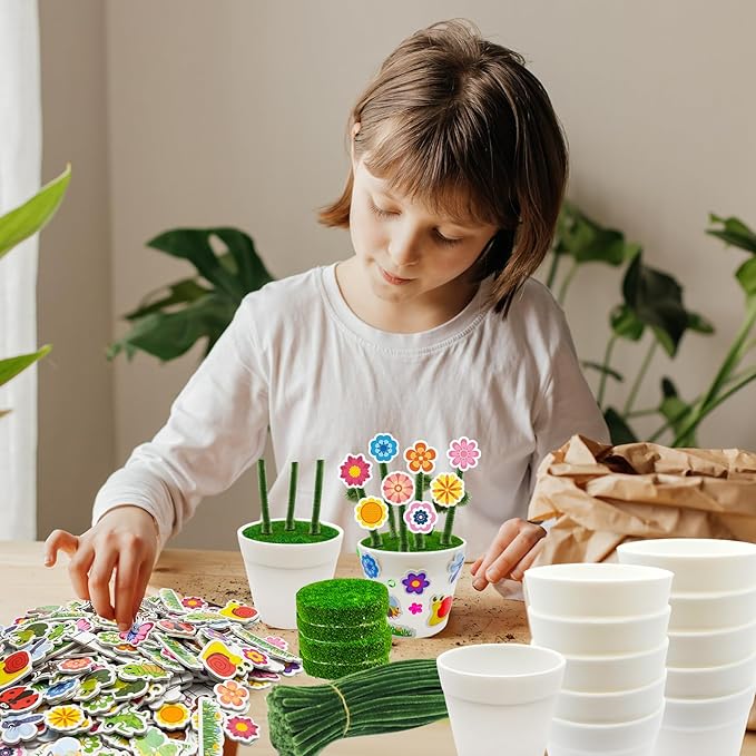 Cinrobiye 24 Set Garden Plastic Pot Craft Kit，DIY Flower Plant Crafts with Adhesive Foam Stickers, Pipe Cleaners, Flower Growing Kit for Spring & Summer, Home & School Creative Art Project Activities