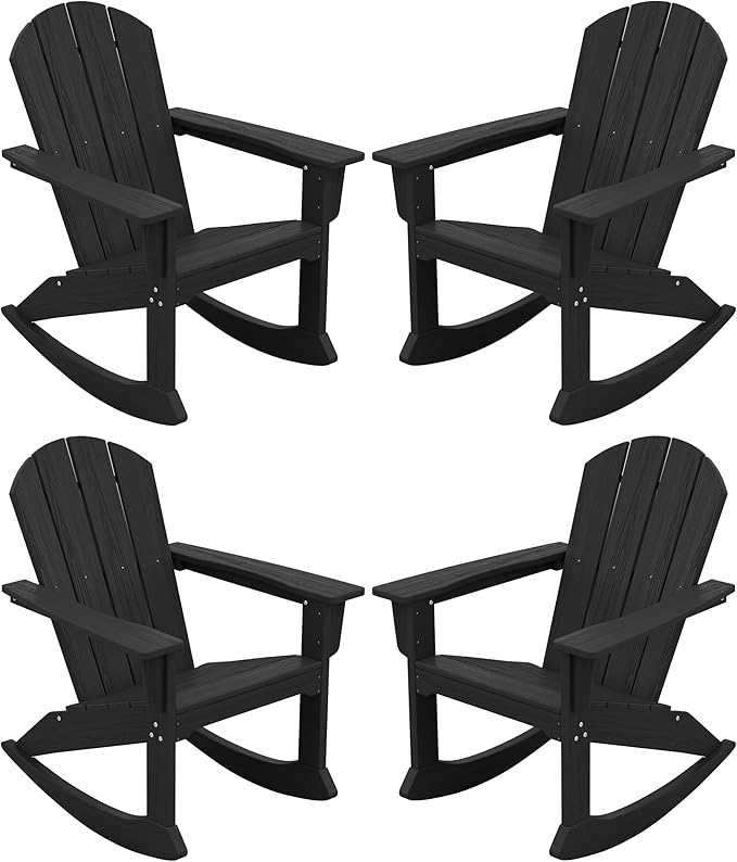 SERWALL Outdoor Adirondack Rocking Chairs Set of 4, All-Weather HDPE Adirondack Rocker Chair, Front Porch Rocker Chairs for Patio Lawn Porch Deck, Black