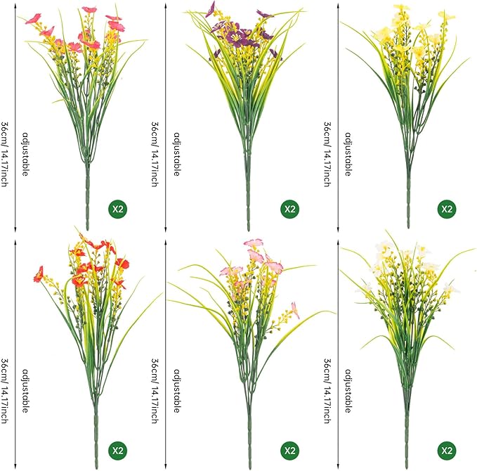 XEOLIAN 12 Bundles Artificial Outdoor Flowers Lifelike UV Resistant Fake Plastic Plants Indoor Outside Hanging Plants Garden Porch Window Box Decor (Mix 6 Colors)