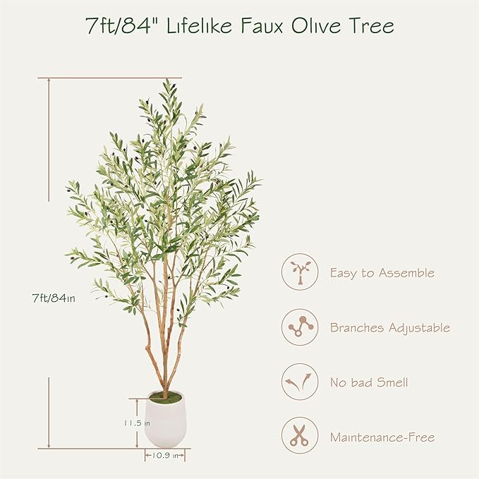 Bellacat 7ft Super Fuller Faux Olive Tree with White Decorative Planter & Multiple Real Wood Trunks, 84in Artificial Olive Tree with Realistic Fruits, Fake Olive Tree for Indoor & Outdoor Décor