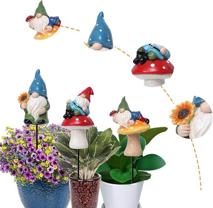 Garden Gnome Statue, Resin Miniature Gnome Set of 3PCS, Figurine with Garden Stakes for Lawn Patio Yard Outdoor Home Decor
