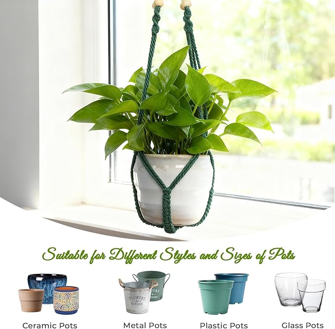 EJGIEGSO Macrame Plant Hanger,Up to 4-15 inch Pots, Wood Beads Cotton Hanging Planter Holder for Indoor Outdoor Boho Home Decor, 35 Inch, Ivory, Set of 2 (Green)