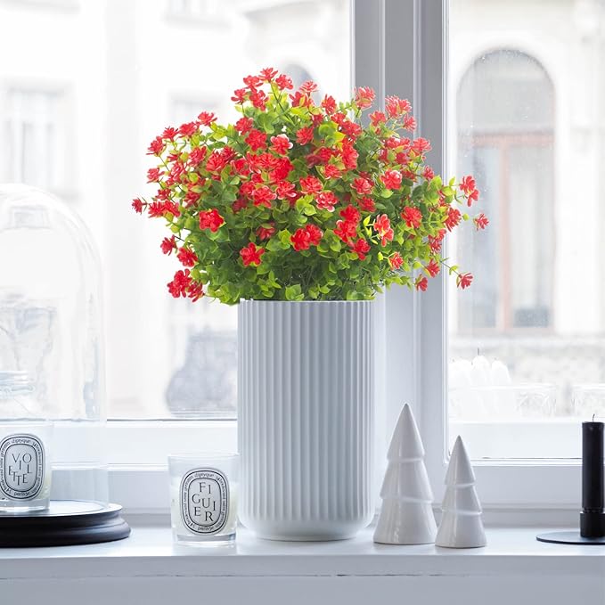 Grunyia 20 Bundles Artificial Flowers UV Resistant Fake Flowers No Fade Faux Plants Garden Porch Window Box Decorating (Red)