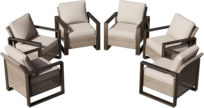 Joyside Outdoor Patio Chairs Set, 6 Pieces Wicker Rattan Chairs with Metal Wide Armrest, Thick Cushions and Deep Seating for Garden, Backyard, Porch, Deck