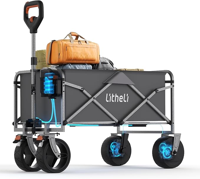 LiTHELi Electric Folding Utility Wagon Cart – All-Terrain Portable Powered Wagon with Dual Motors, Removable Battery & Large Cargo Space for Beach, Camping, Shopping & Outdoor Hauling