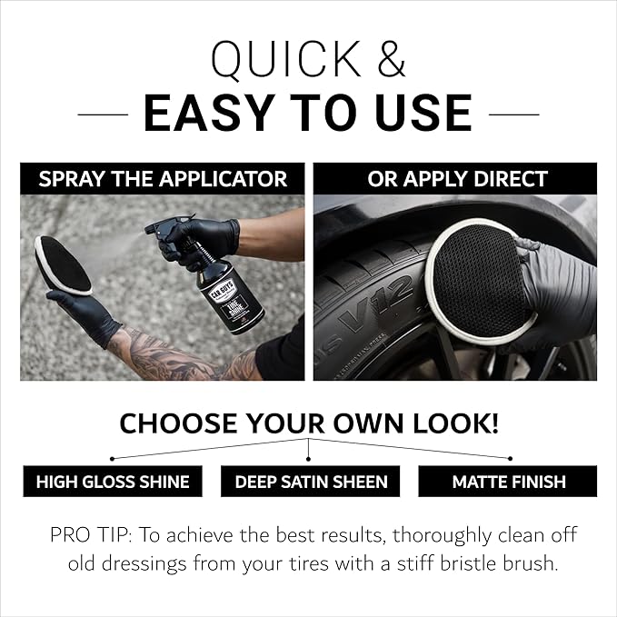 CAR GUYS Tire Shine Spray | The Perfect Shine | Durable and User Friendly Tire Dressing | Long Lasting UV Protection for Black Tires, Wheels, & Rubber | 18 Oz Kit with Applicator Pad