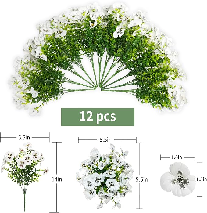 SupBri 12 Bundles Artificial Flowers for Outdoor, UV Resistant Fake Pansy Flowers, Silk Faux Fowers for Outdoor Planters Home Garden Office Patio Front (12, White)