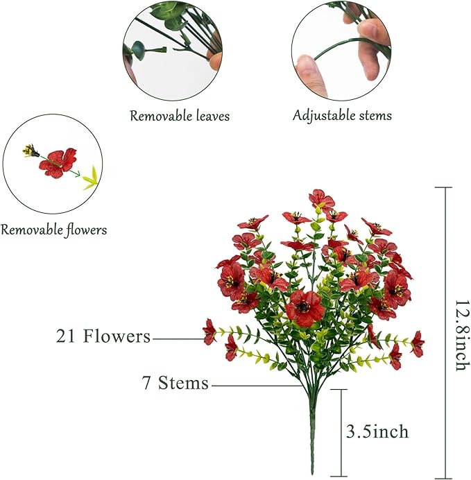 BCBLF Artificial Flowers for Outdoors UV Resistant, 12 Bundles Realistic Silk Flower Faux Fake Plants for Porch Patio Yard Planters, Spring Summer Home Garden Decor, Red