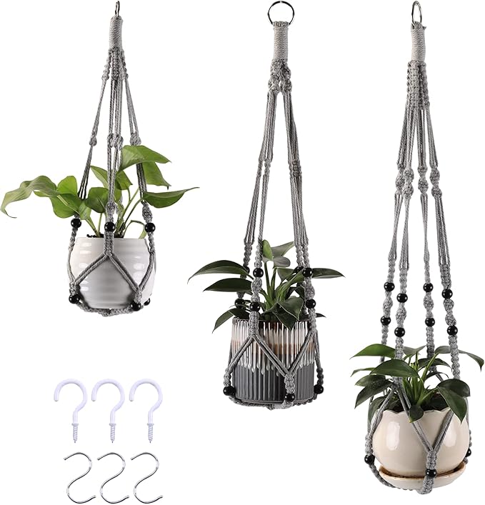 MKO SHUN 3-Pack Macrame Plant Hanger Indoor - Hanging Planter Basket for Indoor Outdoor - Decorative Boho Plant Holders Set with Beads - Ceiling Flower Pot Holder with 6 Hooks - 35"/30"/24" Gray