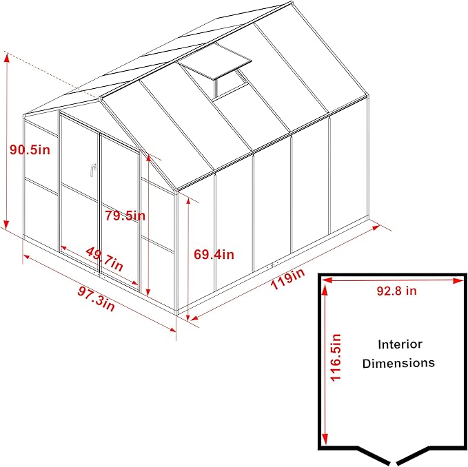 MUPATER 8 x 10 FT Heavy Duty Greenhouse, Walk-in Greenhouse with Lockable Door and Adjustable Roof Vent, Polycarbonate Green House Kit with Aluminum Frame, for Backyard, Garden, Outdoor, Grey