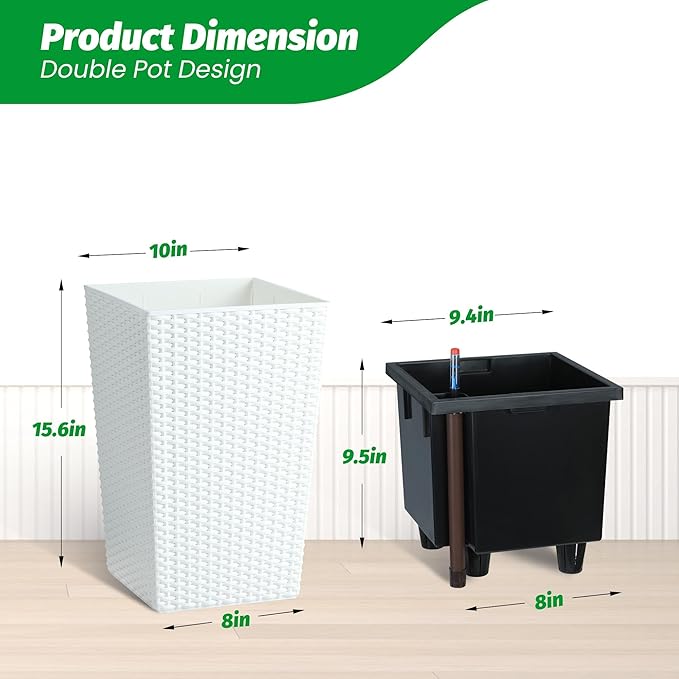 16" Tall Rattan Planter Set of 2, Self Watering Pots with Built-in Drainage and Water Level Gauge, Large Plant Pots for Garden, Patio, Balcony, Lounge, White